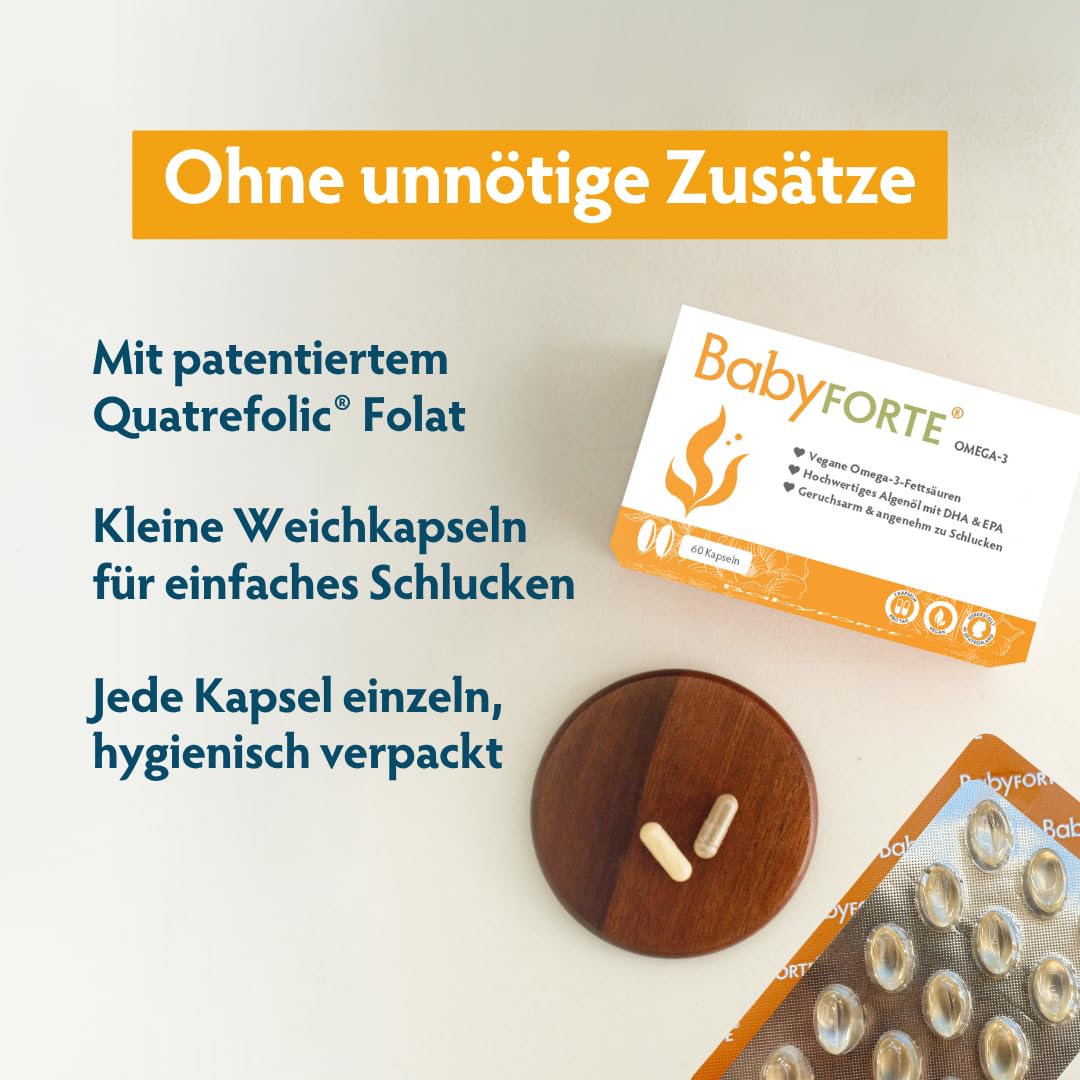 BabyFORTE Omega-3 Algenöl, optimales DHA & EPA Verhältnis, vegan, 180 Kapseln, Kinderwunsch Vitaminen kombinierbar