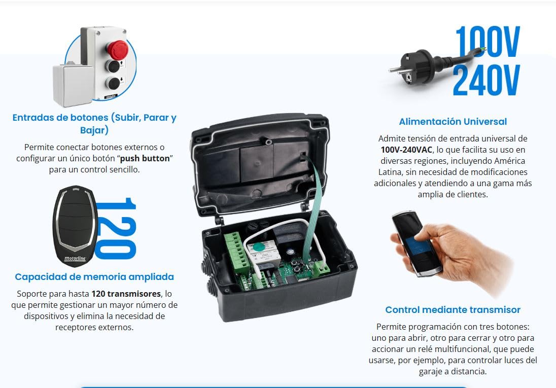 Motorline MC76 Central de control para motores enrollables, persianas enrollables, cierres enrollables con botones externos y compatible con WIFI
