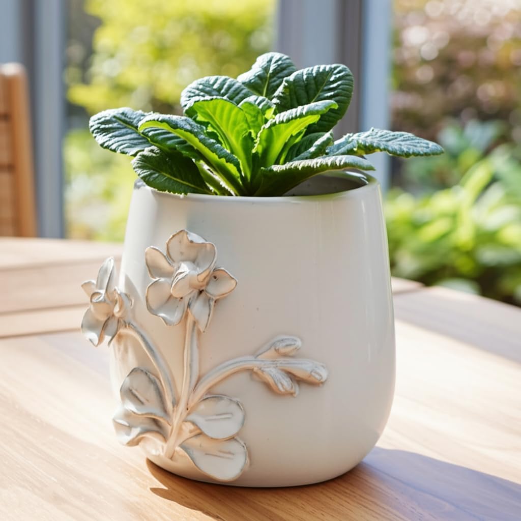 Ceramic Planter and Flower Pot for Home Decor – Elegant Plant Pot with Sculpted Floral Detail for Indoor and Outdoor Use – Adds a Romantic Touch to Garden, Patio, Living Room, or Shelf – 6" Ivory