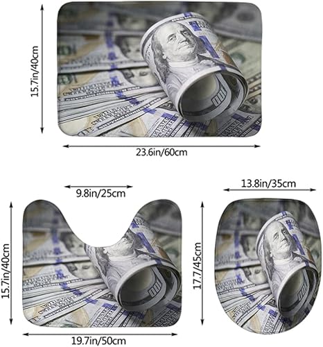 Miniatura 2 de WONDERTIFY Roll Hundred Dollar Bill - Juego de alfombras de baño de 3 piezas, tapete de baño+contorno+tapa de inodoro