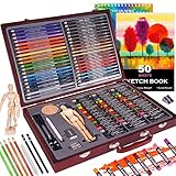 93 Piece Deluxe Art Set in Wooden Case, with 2 x 50 Page Drawing Pad, Color Pencils, Oil Pastels, Sketch Pencils,Sharpener,Mannequin,Art Supplies for Kids, Teens and Adults，Professional Art Kit