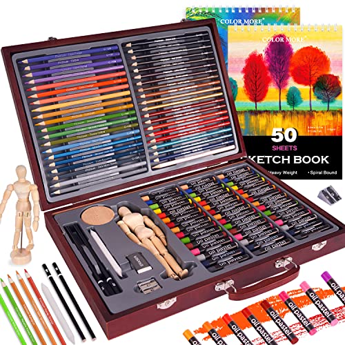 Color More 93 Piece Professional Art set,Drawing kit,Colored Pencils and Oil Pastels in Wooden Box,Art Supplies for Teens and Adults