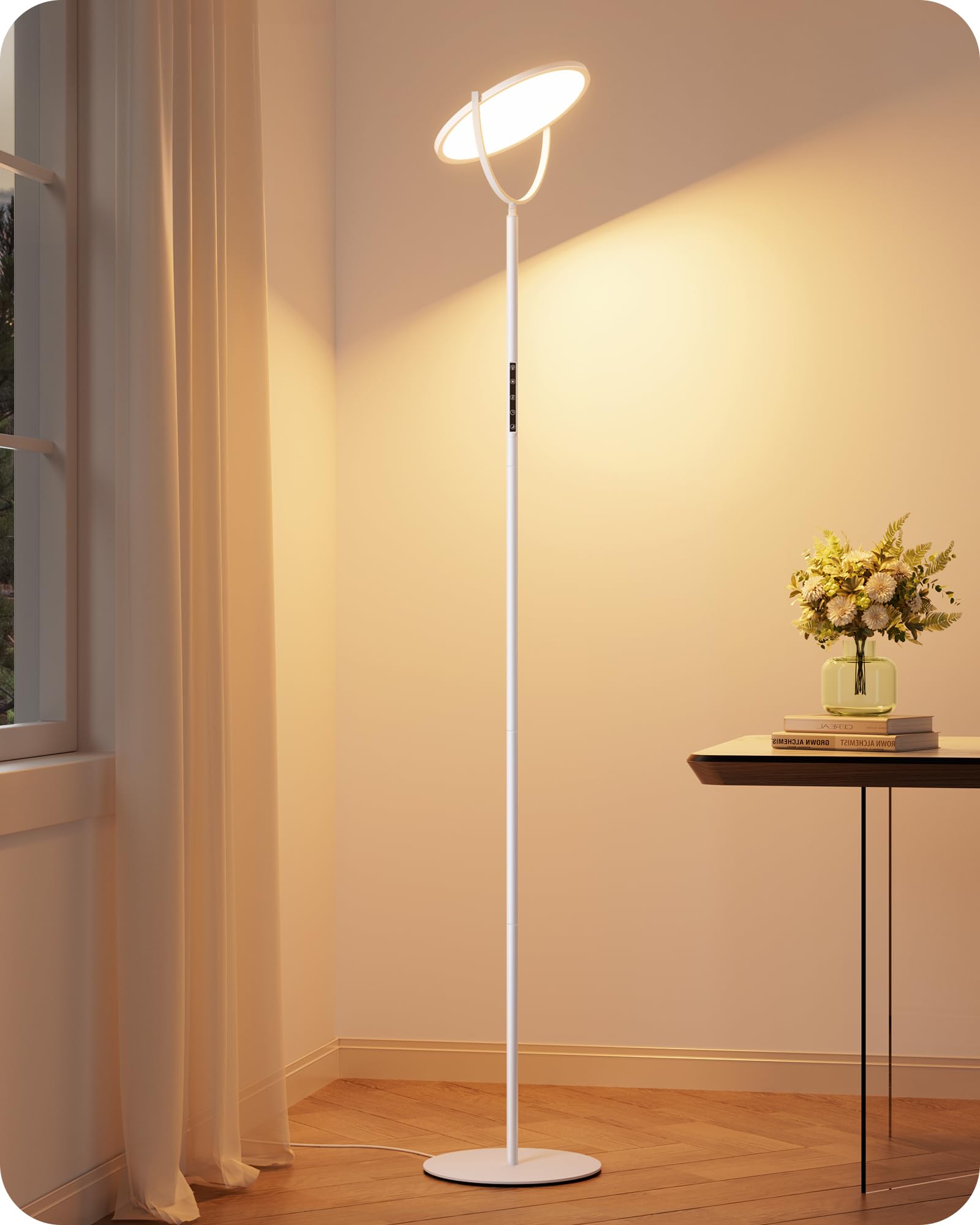 EDISHINE Lámpara de Pie LED Regulable, 28W 2500LM Súper Brillante, Para Sala de Estar Con Luz de Lectura, Atenuación Continua de 2700K-6500K, Control Remoto y Control Táctil, Color Blanco