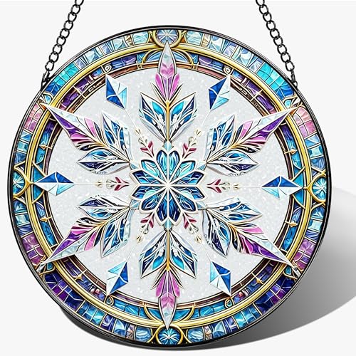 Stained Glass Window Hanging, 7.8 Inch Snowflake Stained Glass Suncatcher, Sun Catchers Indoor Window Ornament, Suncatcher for Windows Hanging, Christmas Window Decor, Winter Christmas Keepsake Gifts