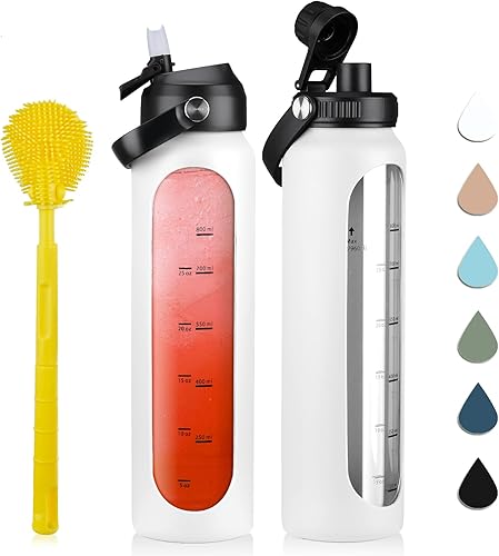 Botellas de agua de vidrio de 32 onzas con 2 tapas, tapa de boquilla con asa y tapa de popote, botella de agua motivacional de borosilicato de 1