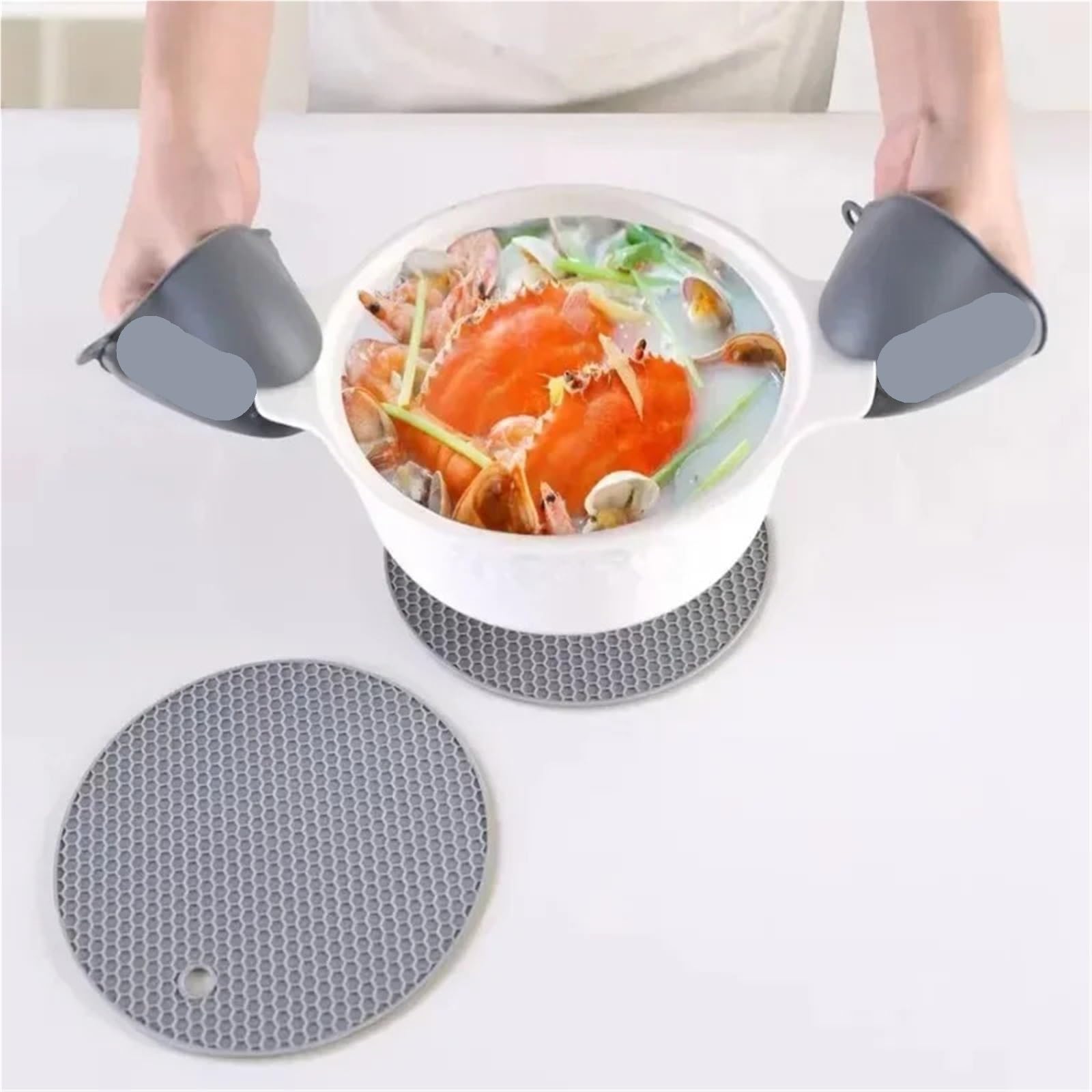 Juego de Manoplas y agarraderas for Horno Extra largas, Guantes Cocina Silicona Resistentes al Calor, Almohadillas Calientes(Gray)