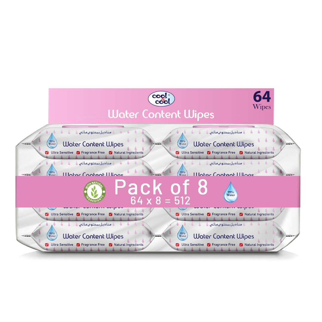 Baby Water Content Wipes 64's (Pack of 8) - 99% Water, Ultra Sensitive, Fragrance-Free - 512 Wipes