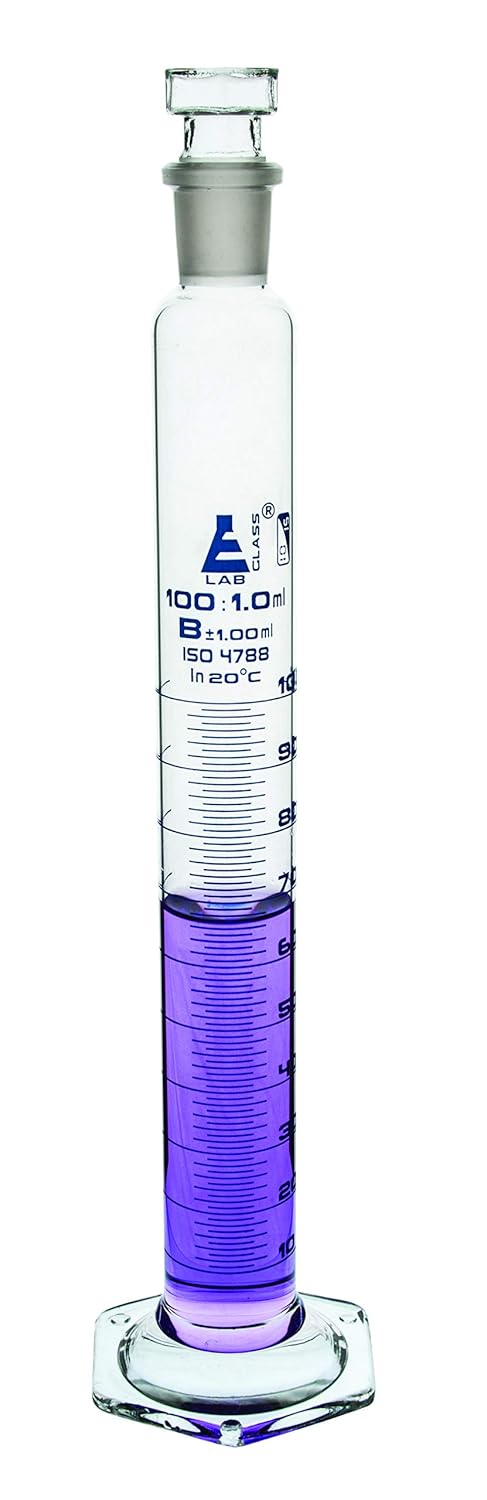 Graduated Cylinder, 100mL - Class B - 19/26 Polypropylene Stopper - Hexagonal Base, Blue Graduations - Borosilicate Glass - Eisco Labs