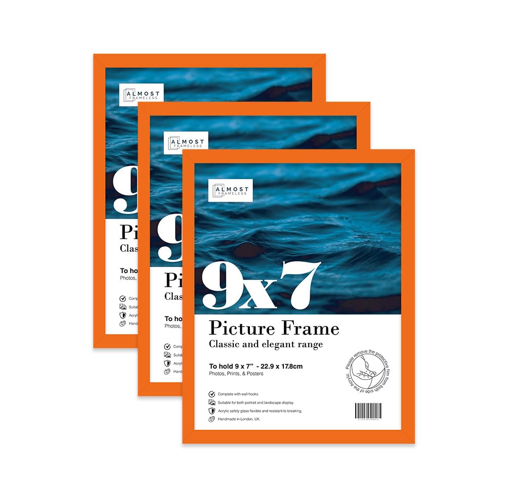 Almost Frameless 9x7 Orange Picture Frame Set of 3, Display 9x7 Picture Gallery Wall, Poster, Photo, Artwork, or Print, Yellow