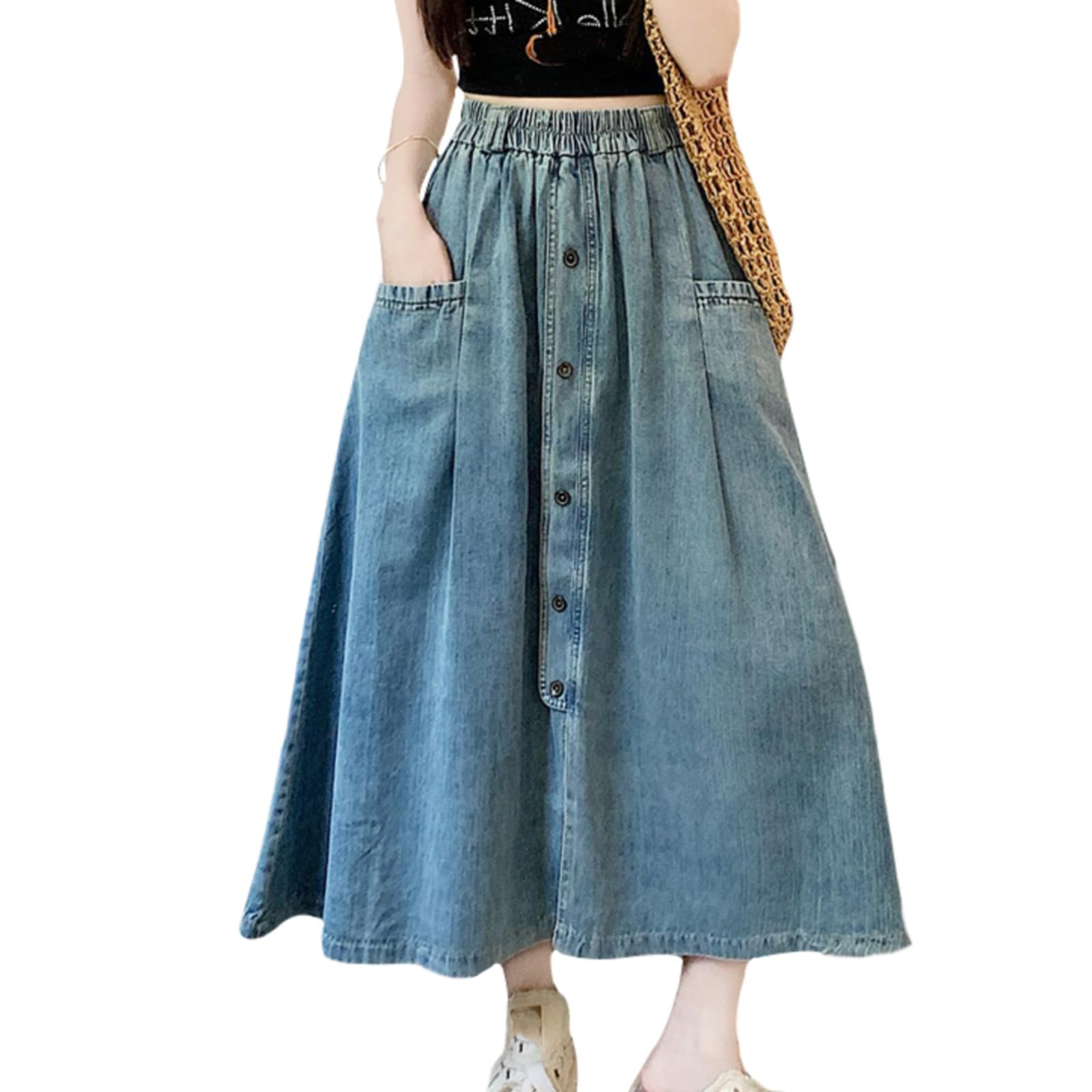 Womens Casual Jean Skirt Elastic Waist Buttons Split A Line Long Denim Skirts with Pockets