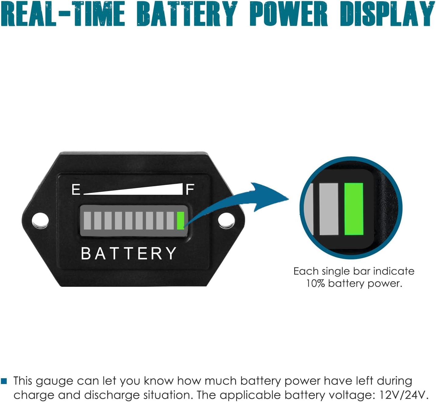 Real-time battery power display showing 10% per bar.