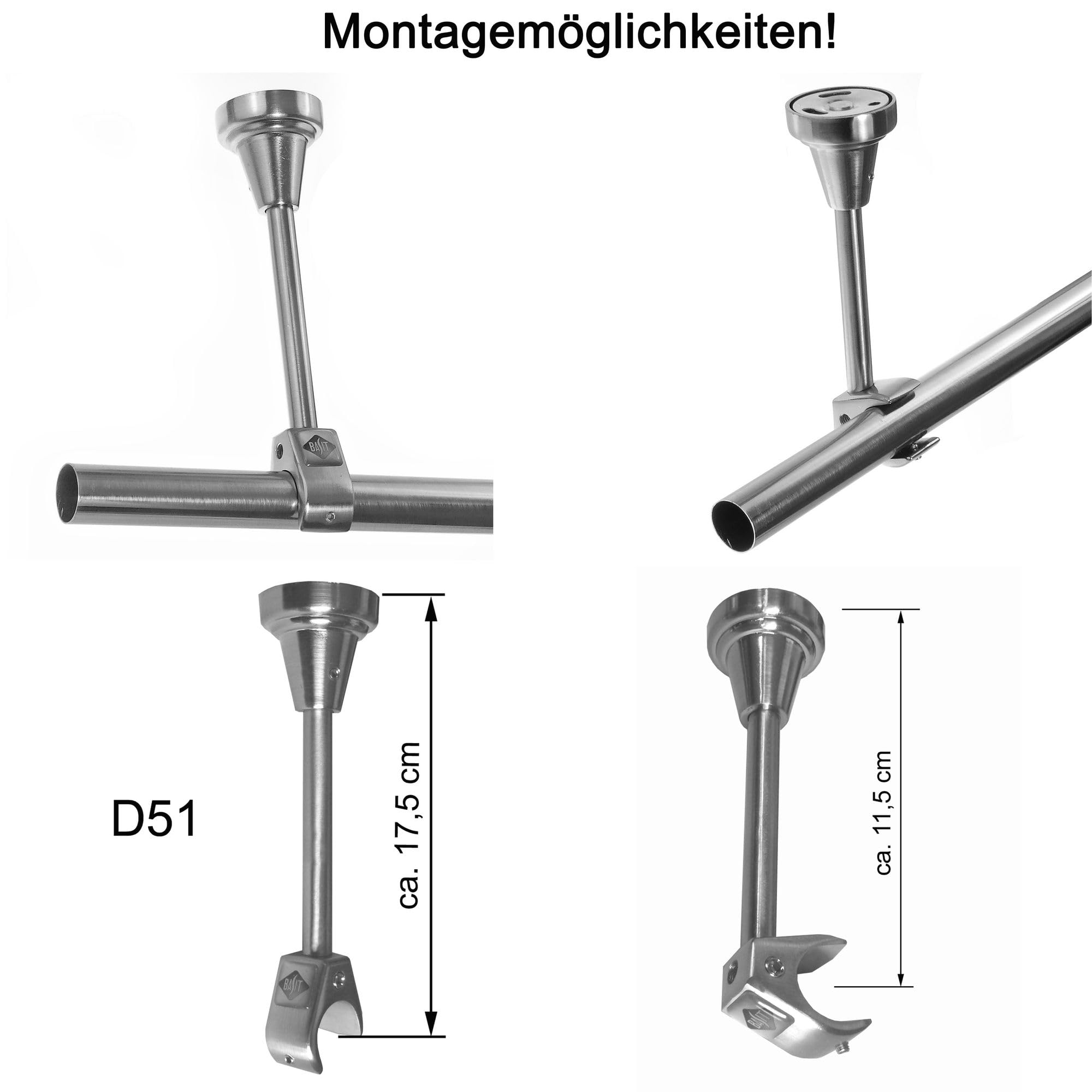 BASIT Gardinenstange Edelstahllook 20mm 1-läufig Decke 240cm lang D51R | Gardinenstangenset einläufig Deckenmontage Metall Vorhangstange Deckenhalterung 120-600cm wählbar Kappe mit Kristall E80