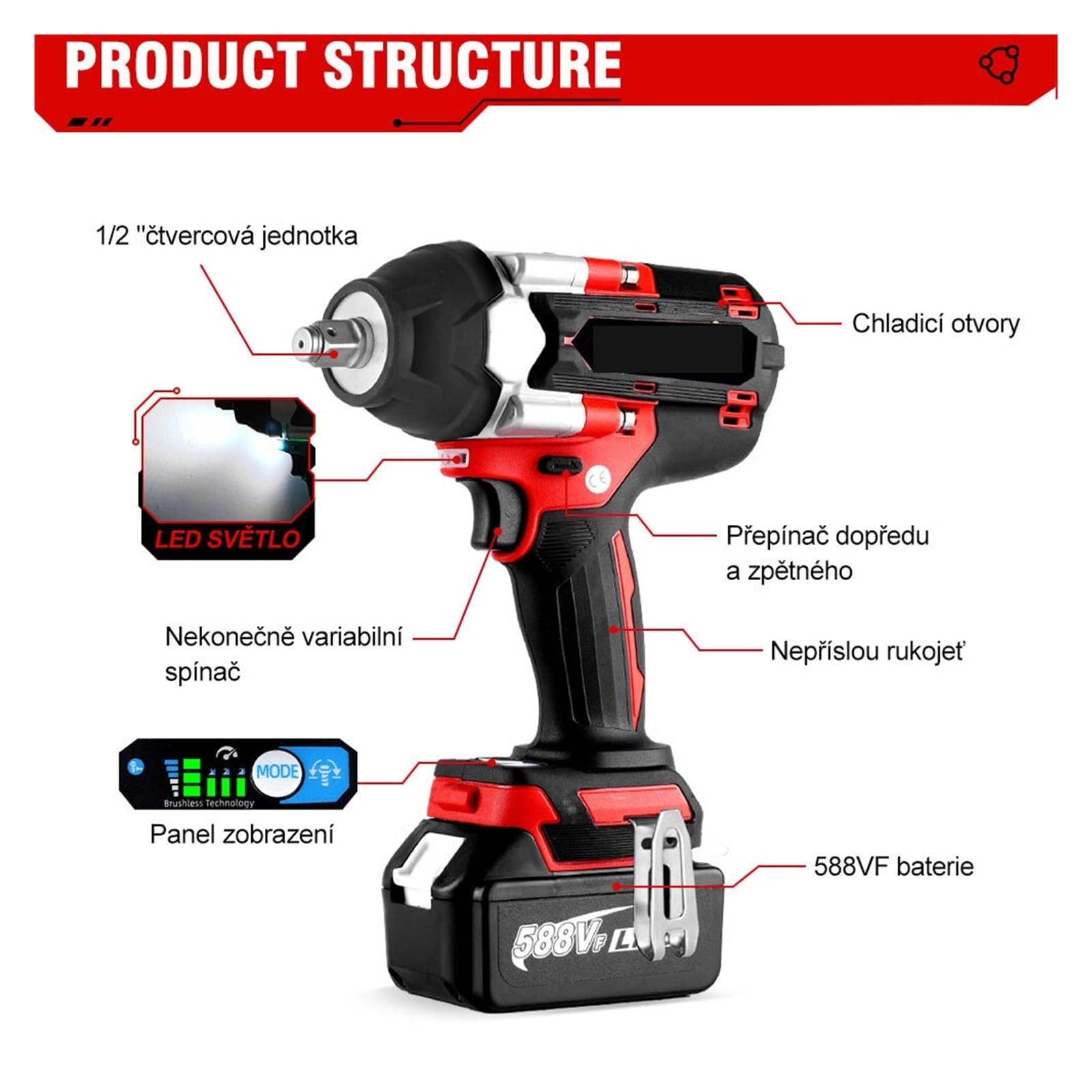 Llave de Impacto Llave De Impacto Eléctrica Sin Escobillas De Torsión 588VF 1800 NM De 1/2 Pulgada con Batería De Iones De Litio De 22900 MAh For Batería De 18 V(Without Battery)