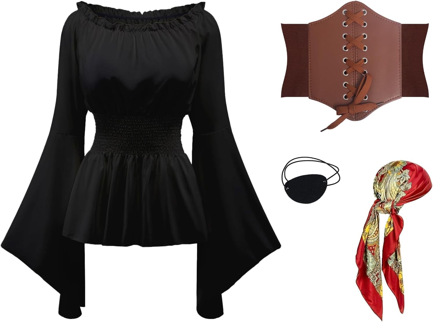 PWQMGY 4Pcs Pirate Costume Women-Include Renaissance Shirt Top Women,Pirate Corset Bandana-Halloween Carnival Cosplay Outfit