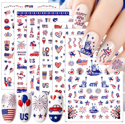 4th of July Nail Stickers Decals Red White Blue Independence Day Map Fireworks 3D Self-Adhesive Nail Decals Designs Patriotic US Nail Art Stickers for Women DIY Manicure Decorations Supply 6 Sheets