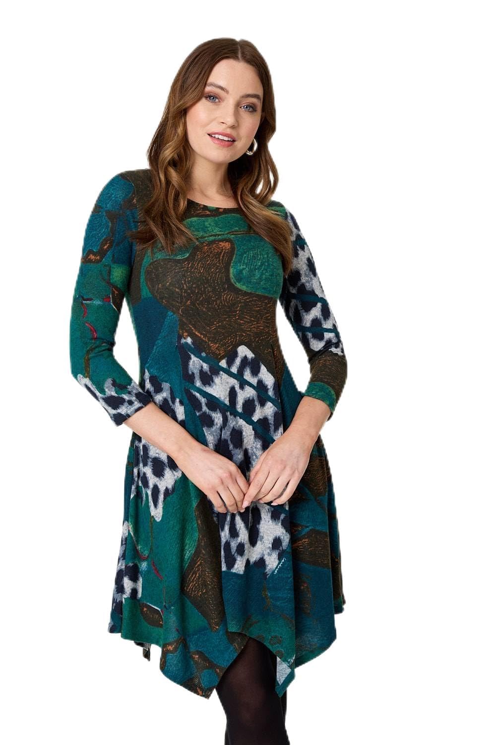 Izabel London Women's Green Abstract Hanky Hem 3/4 Sleeve Midi Dress In | Size: 14