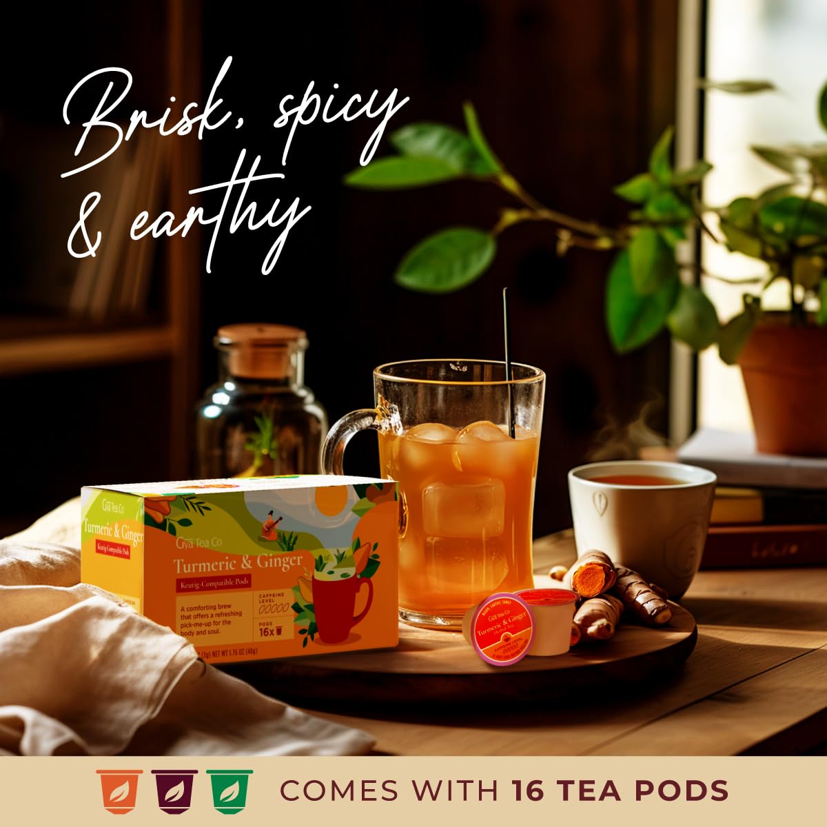 Gya Tea Co Kurkuma-Ingwer-Kräuter-Hülse (16 ct) – Entkoffeiniertes Wellness für Körperkomfort & Verdauungsgesundheit