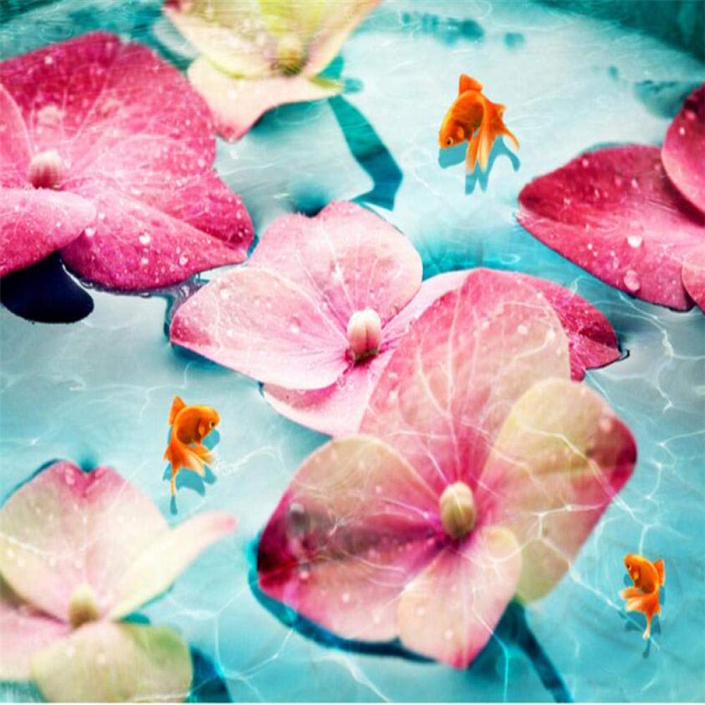 Papel pintado de encargo de la foto de la flor rosada Goldfish cuarto de baño papel pintado del PVC auto-adhesivo del suelo wallpaper-200cmX140cm