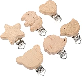 Garneck 6Pcs Natural Wood Suspender Pacifier Clips Cute Beech Wooden Animal Shape Clips Charm DIY Beading Pacifier Chain Accessory ( Mixed Style )