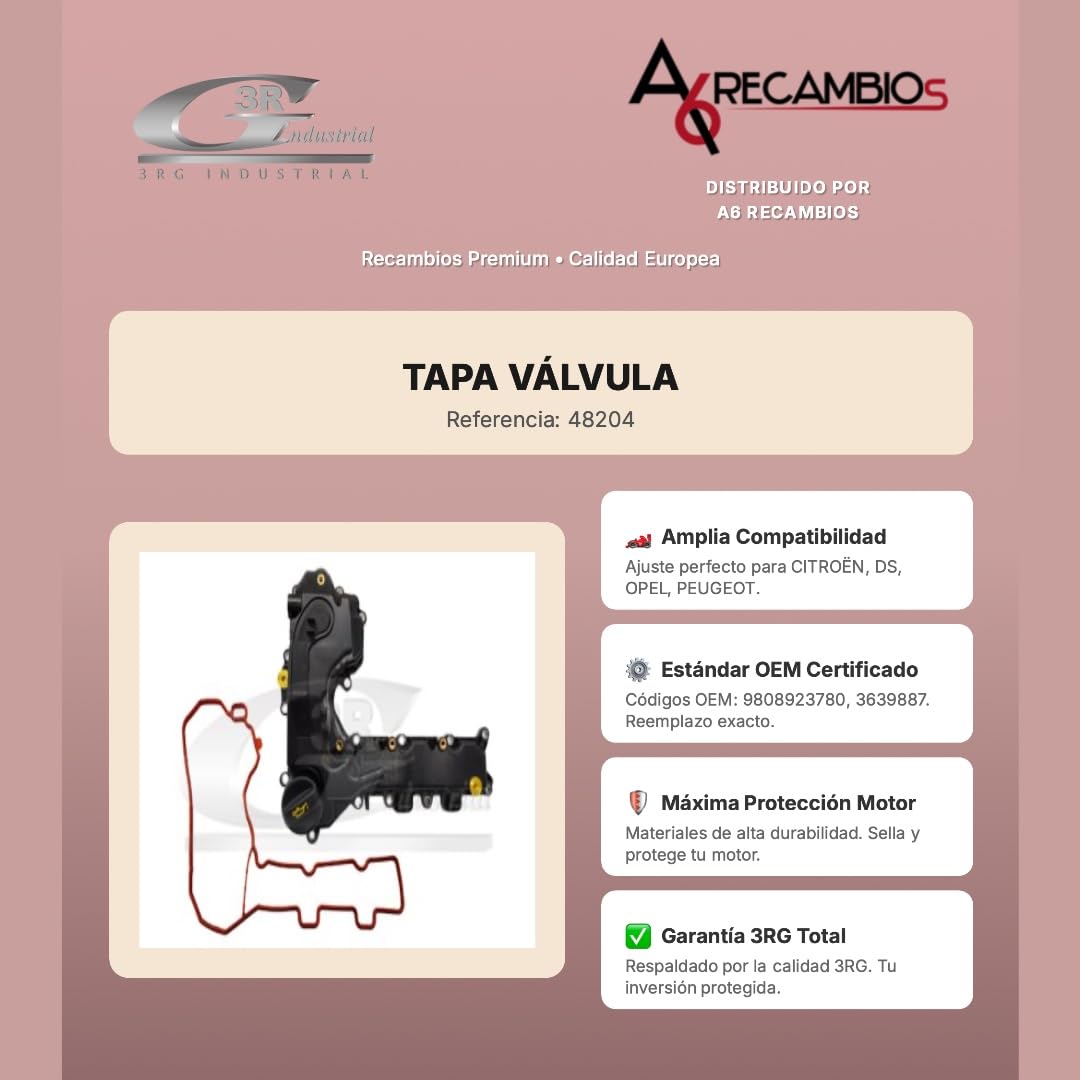 3RG INDUSTRIAL - Tapa Válvula 48204 - Tapa de Balancines para Motor - Compatible OEM 9808923780 3639887