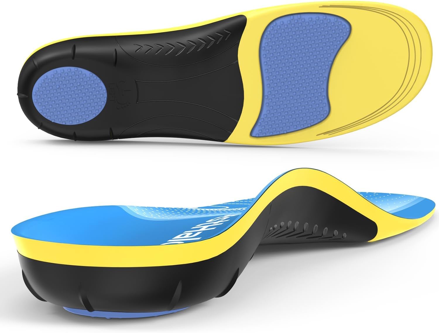 Plantar Fasciitis Insoles – High Arch Support Inserts, Gel Cushion, Relief for Flat Feet – 220+ lbs Orthotics Insoles Ideal for Work Boots (Blue, Men 7-8.5 | Women 8-9.5)