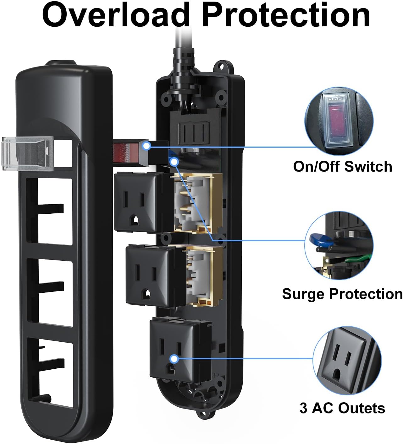 Outdoor Power Strip Weatherproof, 25FT Heavy Duty Outdoor Extension Cord with 3 Outlets, Overload Protection, IPX4 Waterproof, Surge Protector for Kitchen, Bathroom, Patio (25FT-Black)