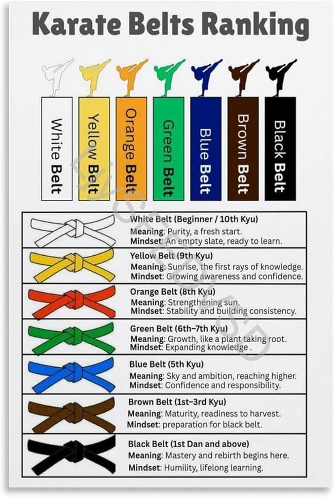 MQXFCZUX Karate Belt Ranking System Color Meaning Chart Educational Poster Martial Arts Dojo Wall-Art Home Decor Gift for Karateka Framed,08x12inch(20x30cm)