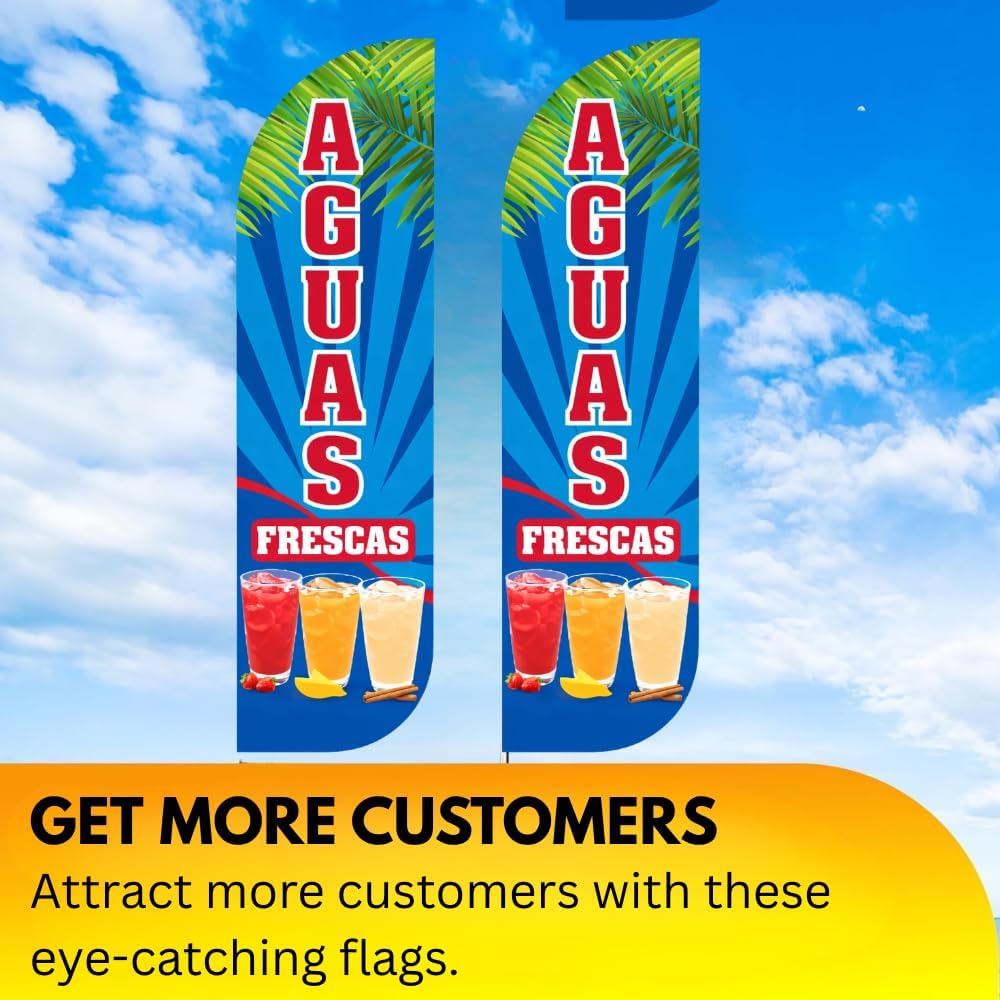 Aguas Frescas King Flag with Pole Set |12 ftx3ft | Mexican Drink Sign With Complete Hybrid Pole Set | Outdoor Advertising Banner for Mexican Food Trucks, Vendors & Stands | Weather Resistant | Durable Signage|