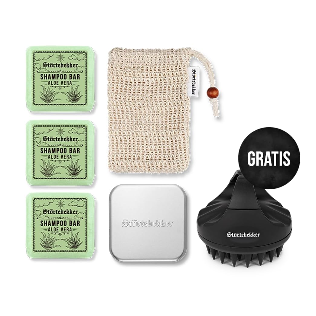 Störtebekker Zestaw prysznicowy klasy premium, mocny szampon z drewna sandałowego (x3), woreczek sizalowy, puszka z aluminium + gratis pędzel do skalp – zestaw szamponu do włosów i skóry głowy