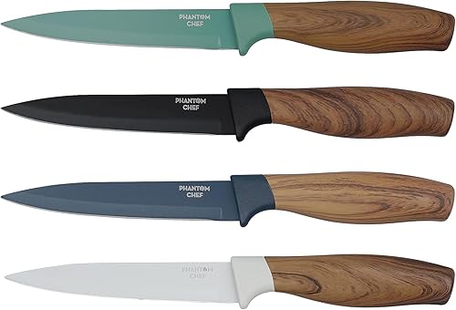 Phantom Chef Juego de cuchillos de cocina de hoja de acero inoxidable de 4 piezas, colección de colores con mango de madera (verde)