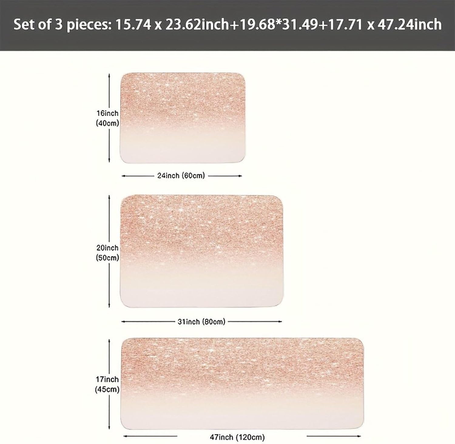 Rose Gold Faux Glitter Kitchen Rugs Set of 3 Non Slip Washable Kitchen Mats for Floor Soft Area Rug Kitchen Floor Mat Cushioned Anti Fatigue Mats Standing Sink Mat Decor Runner Rugs