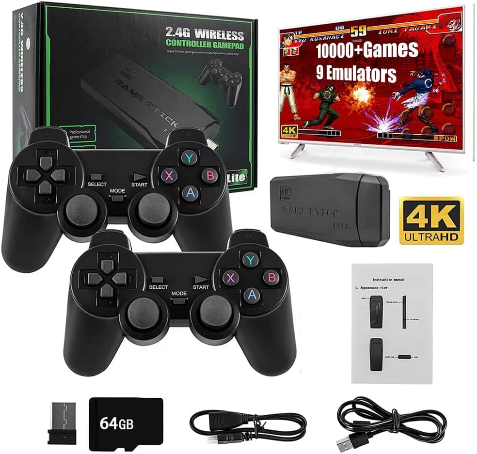 Gencokok Nostalgia Stick Video Game, Wireless Retro Game Console, Plug and Play Game Console Game Stick Support 4k 10000 Games, HDMI Output, Dual 2.4G Wireless Controllers (M8 64g (20000+ Games))