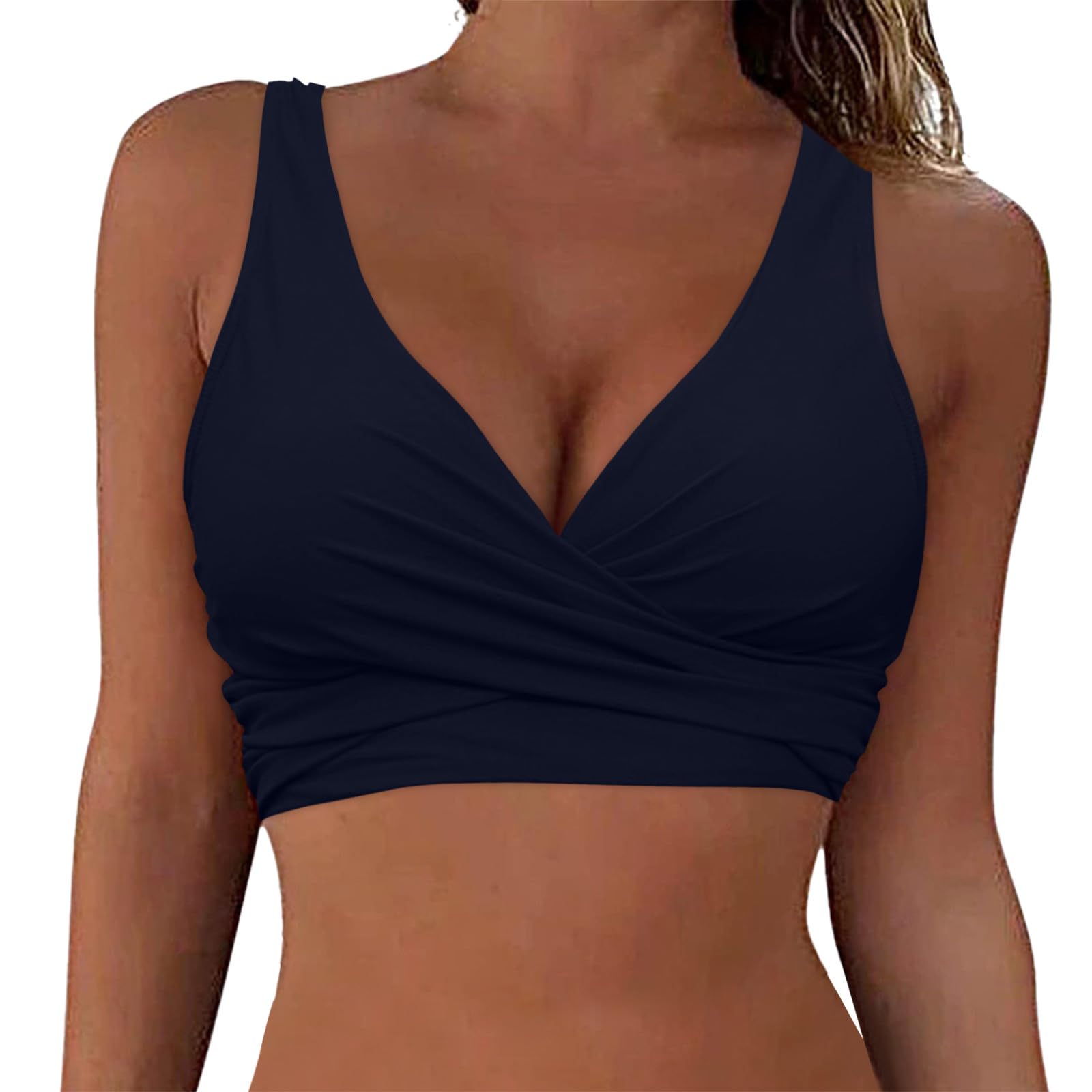 KBOPLEMQ Parte superior de bikini negro bikini sujetador con cordones aros mujeres pechos grandes bikini parte superior con lazo escote en V push up top acolchado