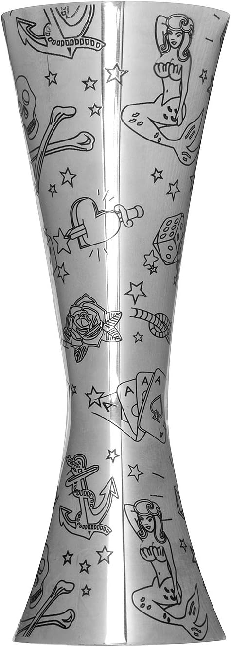Urban BarAero Cocktail Jigger, Spirit Measures with Tattoo Decoration 18/8 Stainless Steel 25ml/50ml Model No UB3545