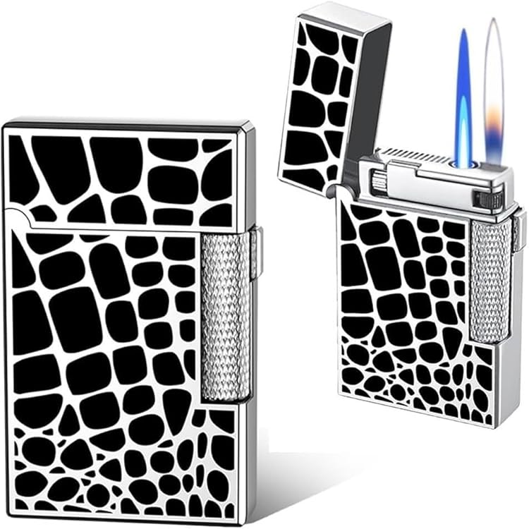 Windproof Dual Flame Lighter, Jet Flame and Soft Flame,Butane Torch Lighter,Ding Sound When Opening Lid，Refillable Adjustable Grinding Wheel Side Slip Lighter Metal Portable Lighter，gifts for Men(Silv