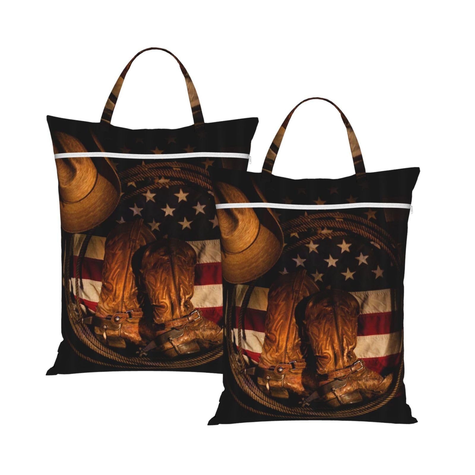 Yfsgdlbn 2Pcs American Flag With Cowboy Boots Printed Travel Dirty Laundry Bag Clothes Pack Storage Basket Bag