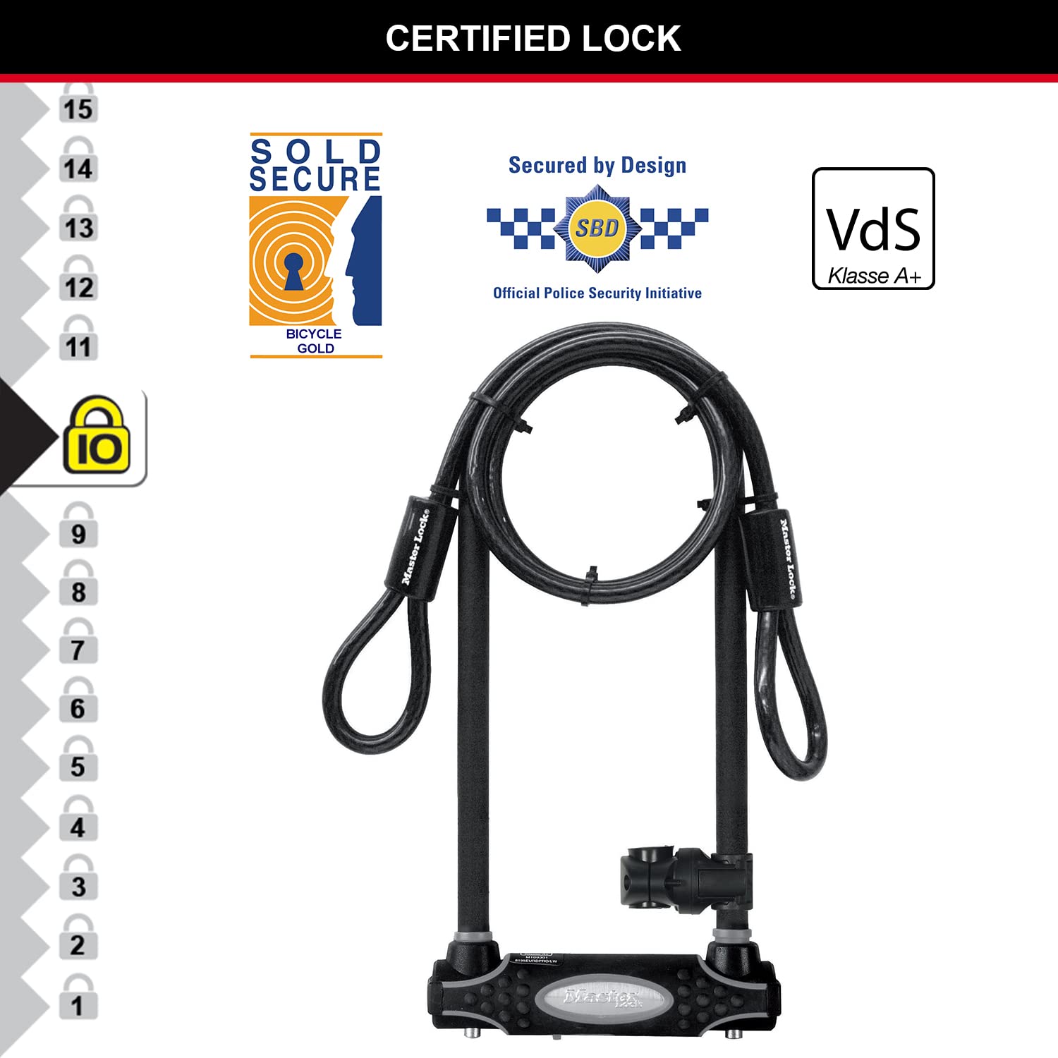 Master Lock Candado Bicicleta U con Cable, Llave, Soporte de Transporte, Antirrobo Certificado, XL, 8285EURDPRO