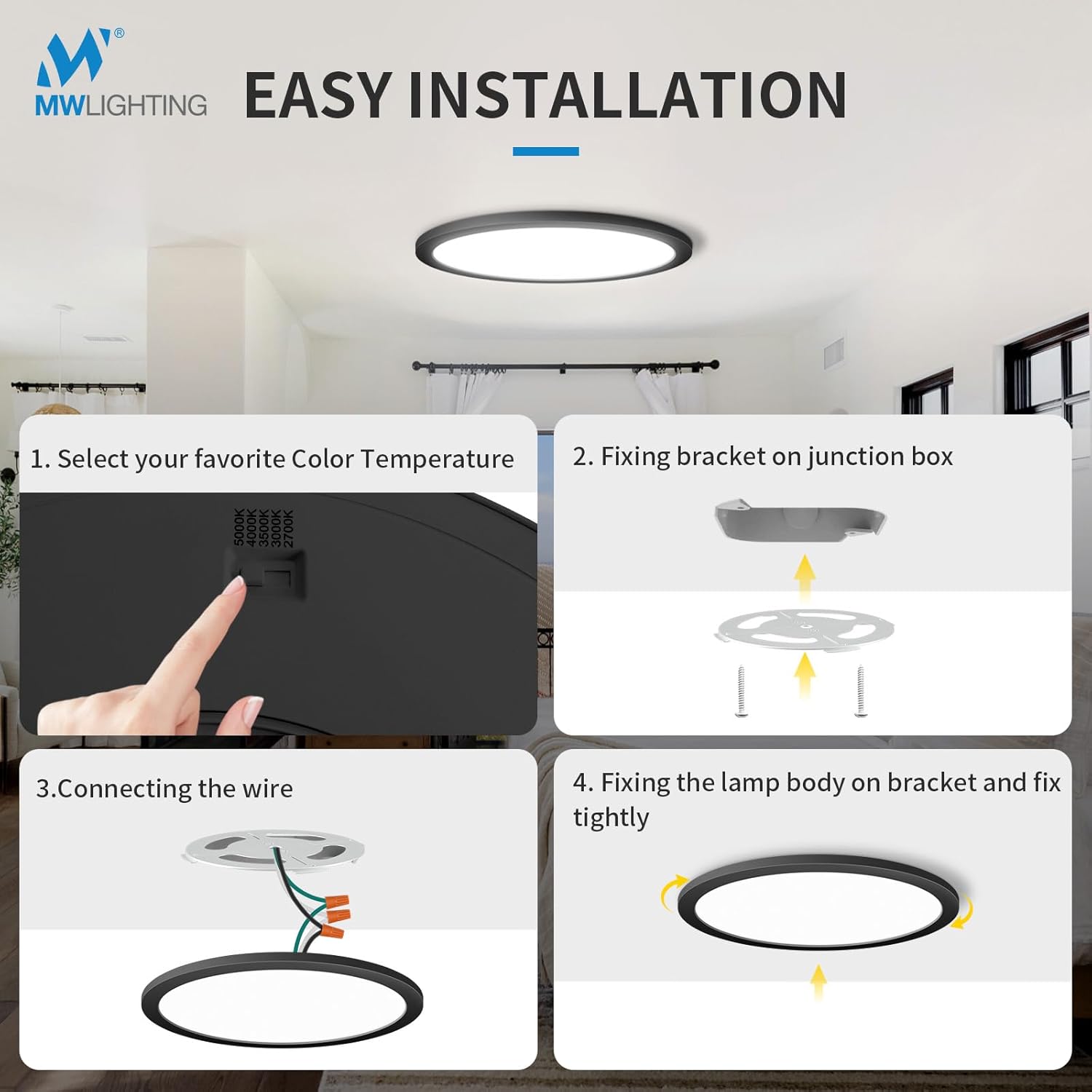 mw LED Flush Mount Ceiling Light, 16 Inch Round Black Ceiling Light,30W 120V 5CCT Dimmable, Close to Ceiling Light Fixtures for Bedroom, Kitchen, Hallway, Laundry