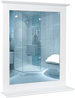 Specchio da parete Specchio Parete con mensola Specchio Arredobagno con Cornice e 1 Ripiani Specchio da Bagno con cornice rettangolare in legno Bianco 50 x 60 cm