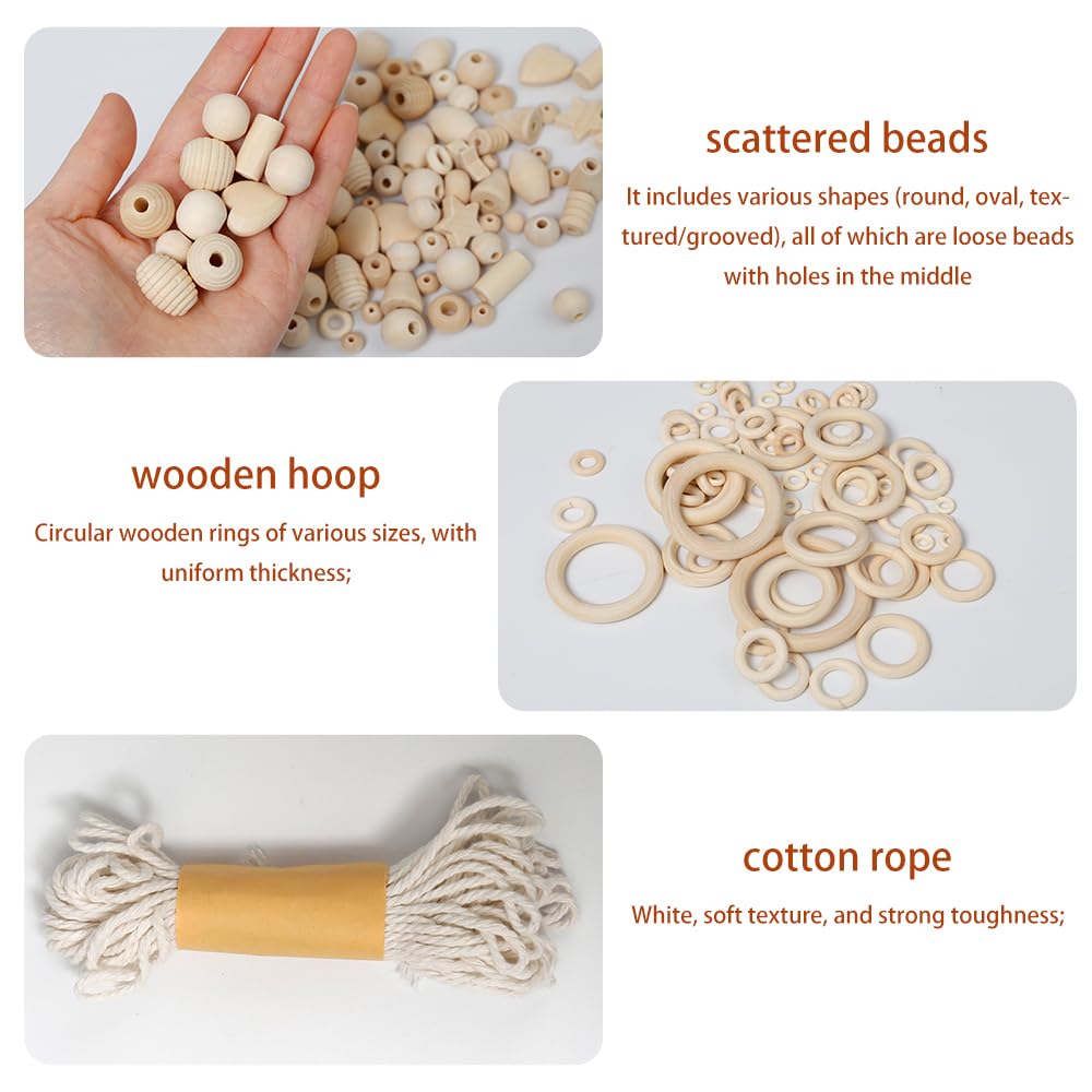 Keboyoe 147 piezas Cuentas de Madera Macramé Juego de Anillos y Bolas de Madera para Manualidades Incluye Cuentas Redondas Estrellas y Formas de Amor para Manualidades de Macramé