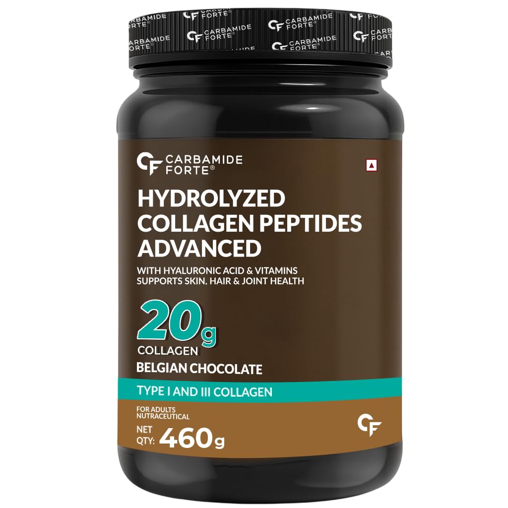 Carbamide Forte Hydrolyzed Collagen Supplements | Collagen Powder for Women & Men with 20g Peptides + 18g Protein Per Scoop | Type I & III with Hyaluronic Acid, Biotin, Vitamin C & E | Belgian Chocolate Flavour | 460g