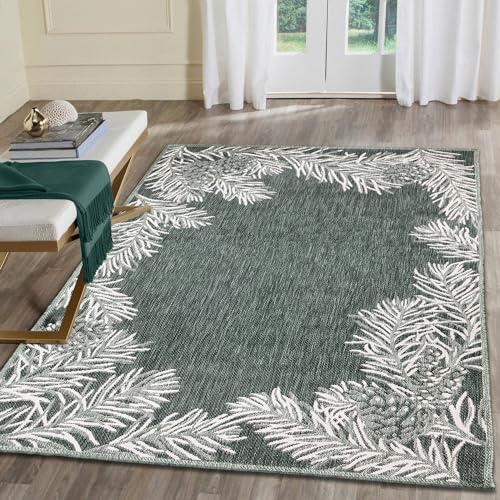 Liora Manne Malibu Indoor/Outdoor Power Loomed Synthetic Blend Low Profile Area Rug - Transitional Garden (Pine Border Green) (4'10" x 7'6")