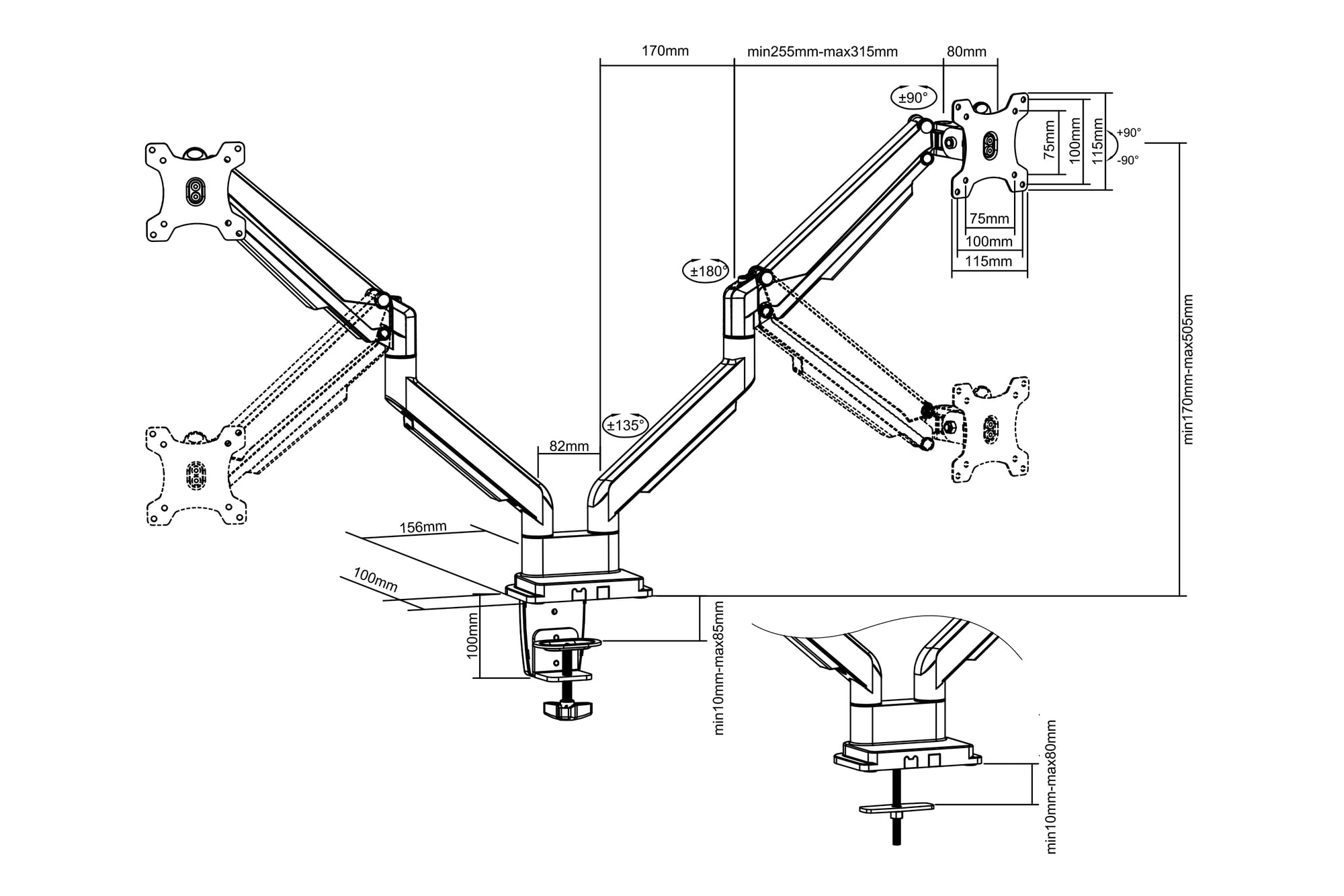 DIGITUS Universal Dual Monitorhalter mit Gasdruckfeder und Klemmbefestigung Schwarz