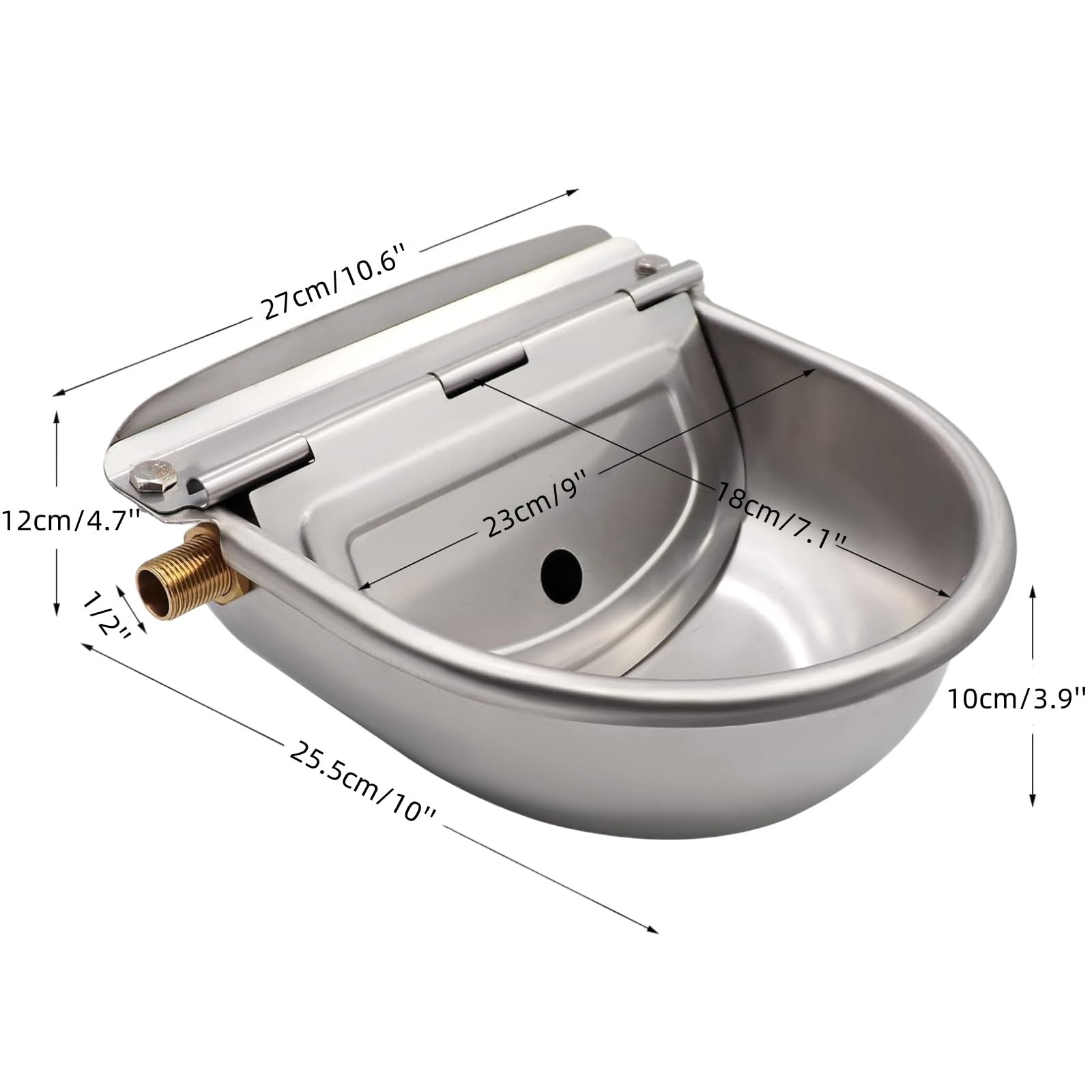 Bebedero para Caballos Automático Bebedero Perro Acero Inoxidable con VáLvula de Flotador de Latón Ajustable de 1/2" y Orificios de Drenaje para Ganado Caballo Vaca Cabra Oveja