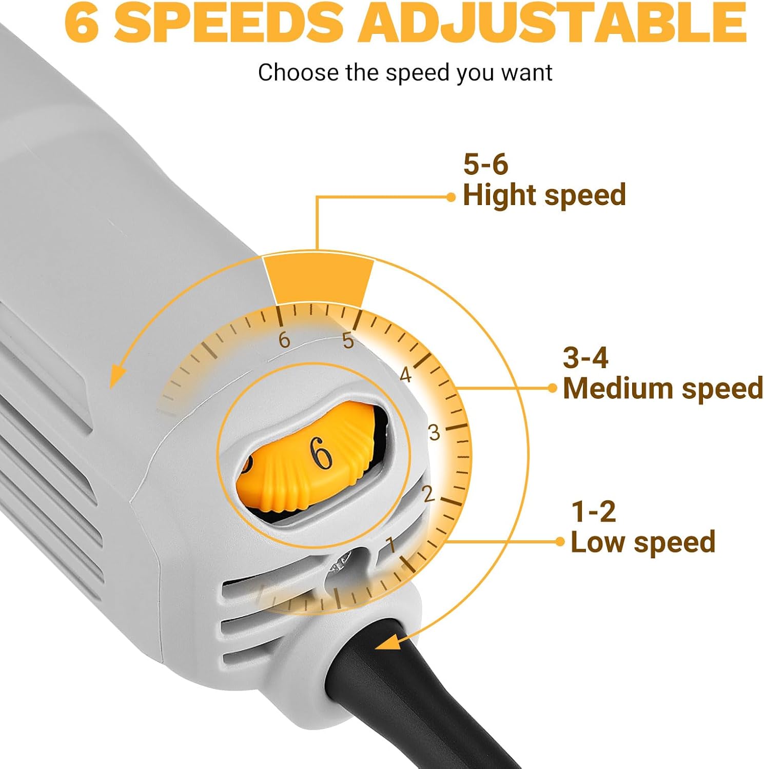 Close-up of the DEKOPRO Angle Grinder's speed adjustment dial with 6 settings.