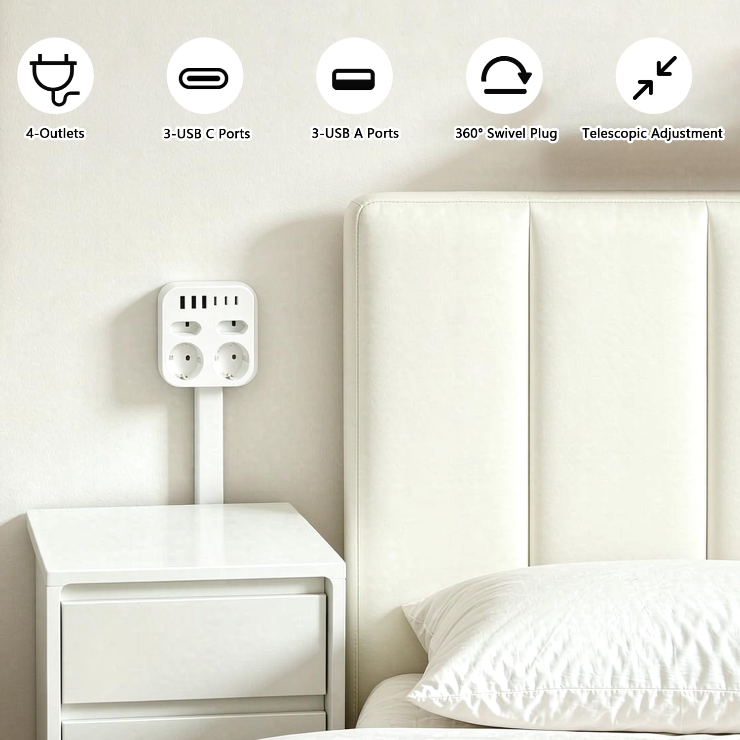 Ciabatta elettrica con USB, 4 prese espandibili, montaggio a parete, multipresa con 3 USB-A e 3 USB-C, girevole a 360°, cavo estensibile, presa da tavolo per casa, cucina, ufficio, piano del tavolo