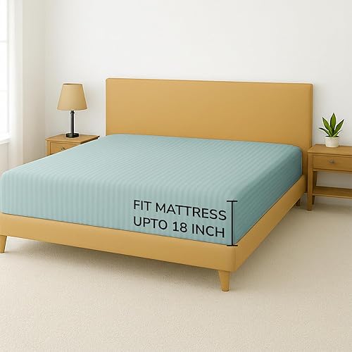 Miniatura 5 de Feather & Stitch - Sábana bajera ajustable de 100 % algodón, tejido satinado de damasco, transpirable a rayas, sábana elástica para colchón de 18