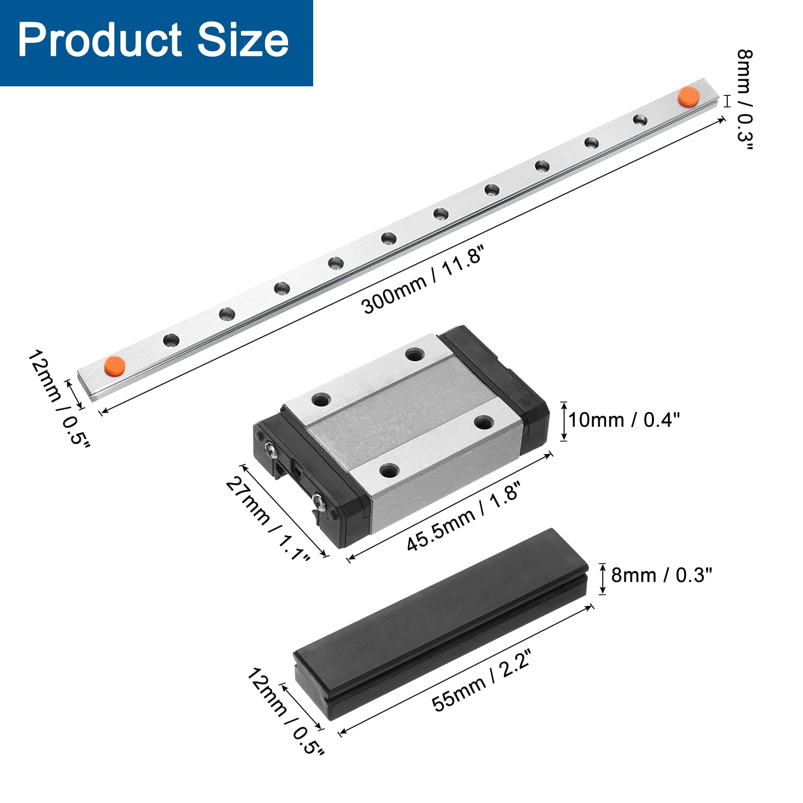 QUARKZMAN MGN12 Rail Linéaire 300mm Avec Bloc Coulissant MGN12H Roulement Acier Et Plastique Mini Rail Linéaire MGN12 Pour Imprimantes 3D DIY Et Machines CNC, Noir