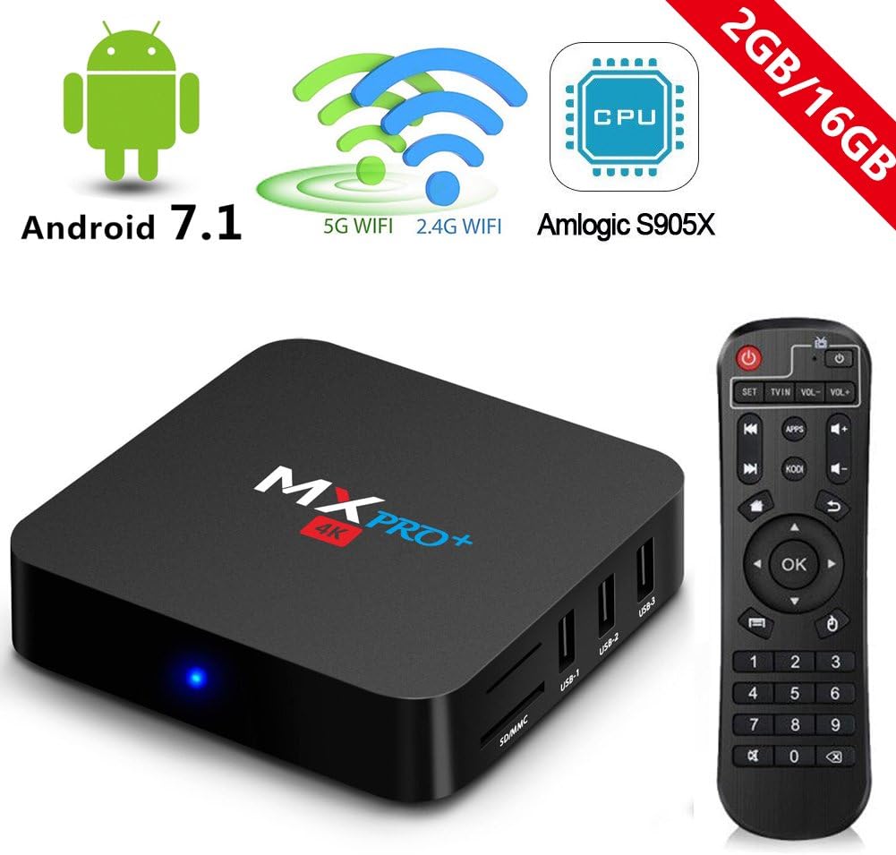 Android 7.1 Tv Box 2GB RAM 16GB ROM Amlogic S905X Quad Core A53 Processor 64 Bits,4K Ultra HD,Dual-WIFI 2.4GHz/5GHz with BT 4.0,Super High Speed WiFi Network Media Player MX PRO+ Smart Tv Box