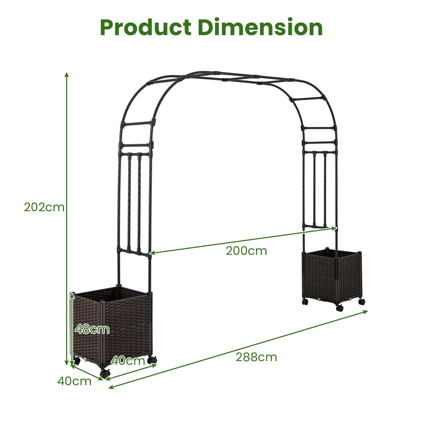 HOMASIS Arco da Giardino Grande con Ruote, 2 in 1 Pergolato da Giardino con Arco per Rampicanti e Fioriera, Sistema di Auto-Irrigazione, Decorazioni da Esterno per Matrimoni (Nero, 288 x 40 x 202 cm)